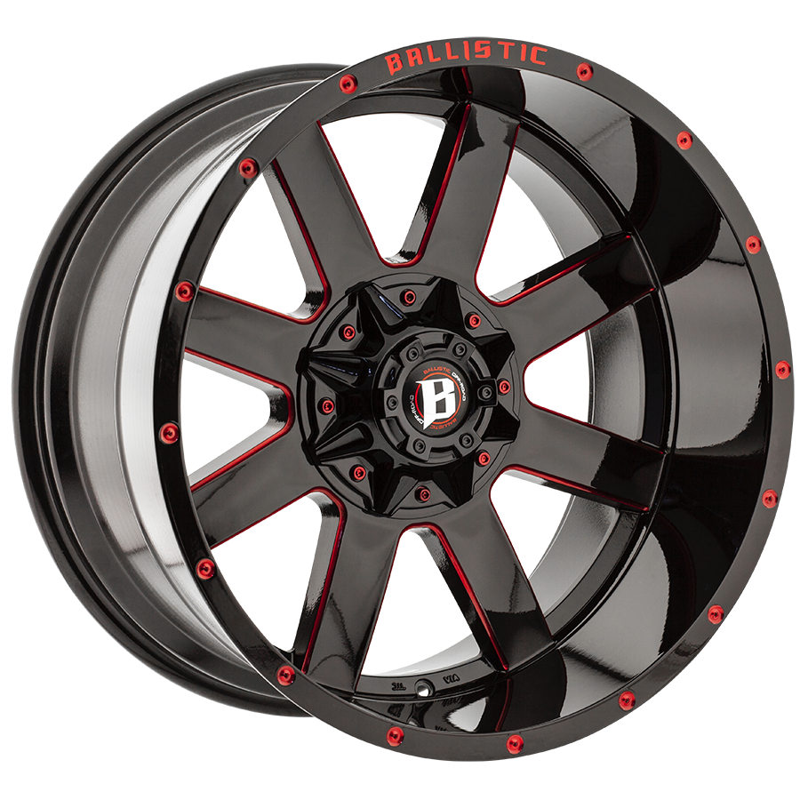 BALLISTIC 959-RAGE 20X10 8X165.1/170 -19 GLOSS BLACK W/RED MILLED WINDOWS
