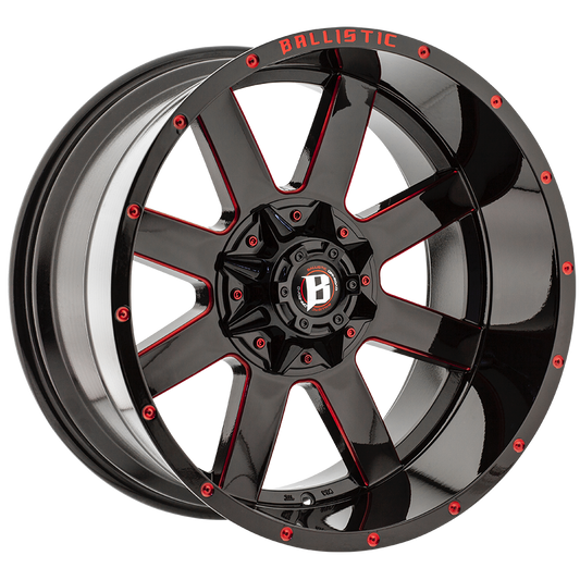BALLISTIC 959-RAGE 22X12 6X135/139.7 -50 GLOSS BLACK W/RED MILLED WINDOWS