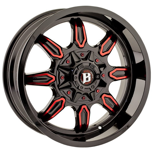 BALLISTIC 670-RAMPAGE 20X9 +12 6X135/139.7 GLOSS BLACK W/ RED MACHINED WINDOWS