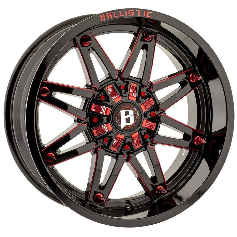 BALLISTIC 963-GLADIATOR 20X10 6X135/139.7 +00 GLOSS BLACK W/RED MILLED WINDOWS