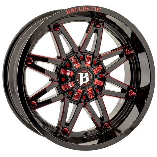 BALLISTIC 963-GLADIATOR 20X10 6X135/139.7 +00 GLOSS BLACK W/RED MILLED WINDOWS
