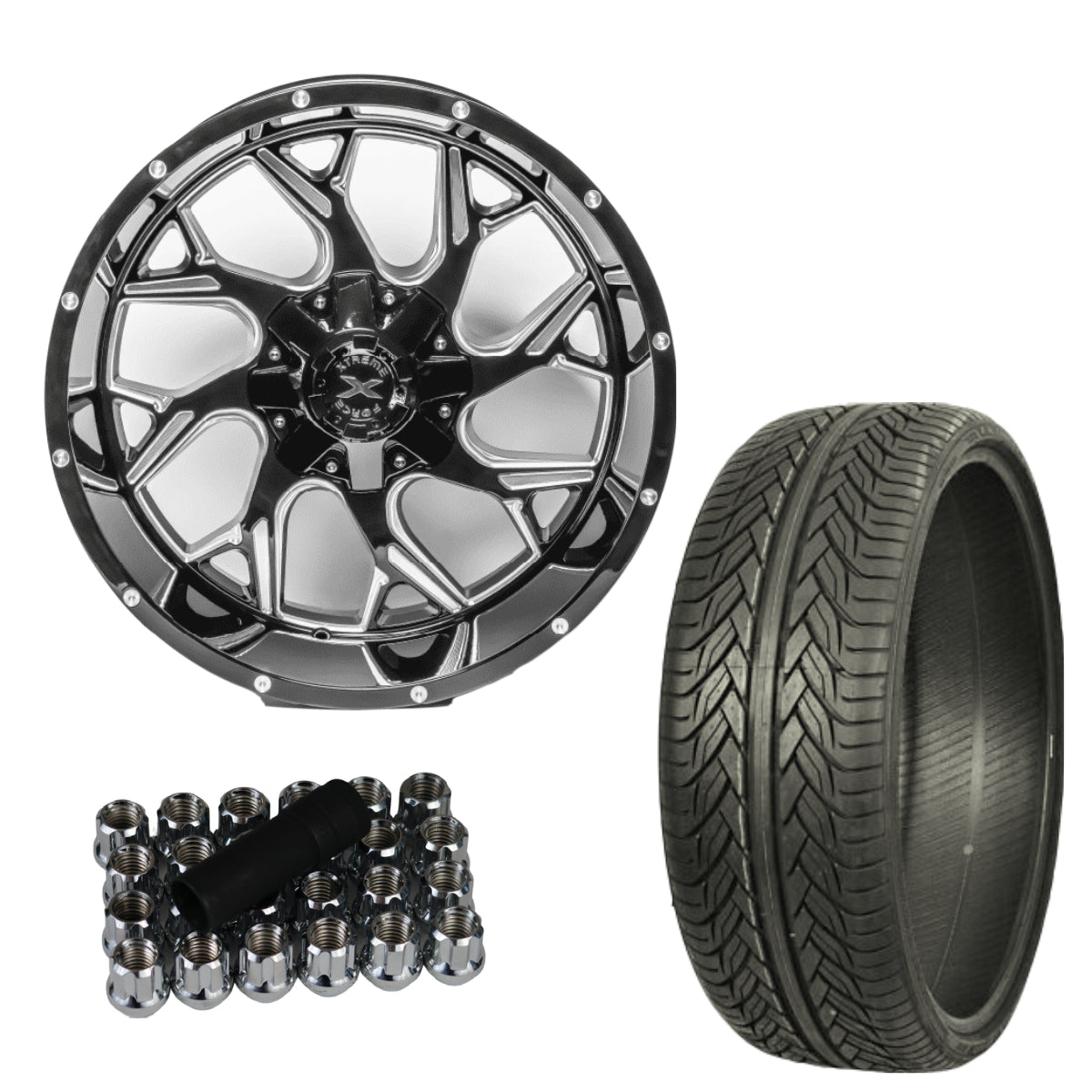 Xtreme Force Raptor 22x12 -51 6x139.7 Black Milled and 305/40R22 Lexani LX-Thirty Tire (FOR LIFTED 3.5-4.5 INCH)
