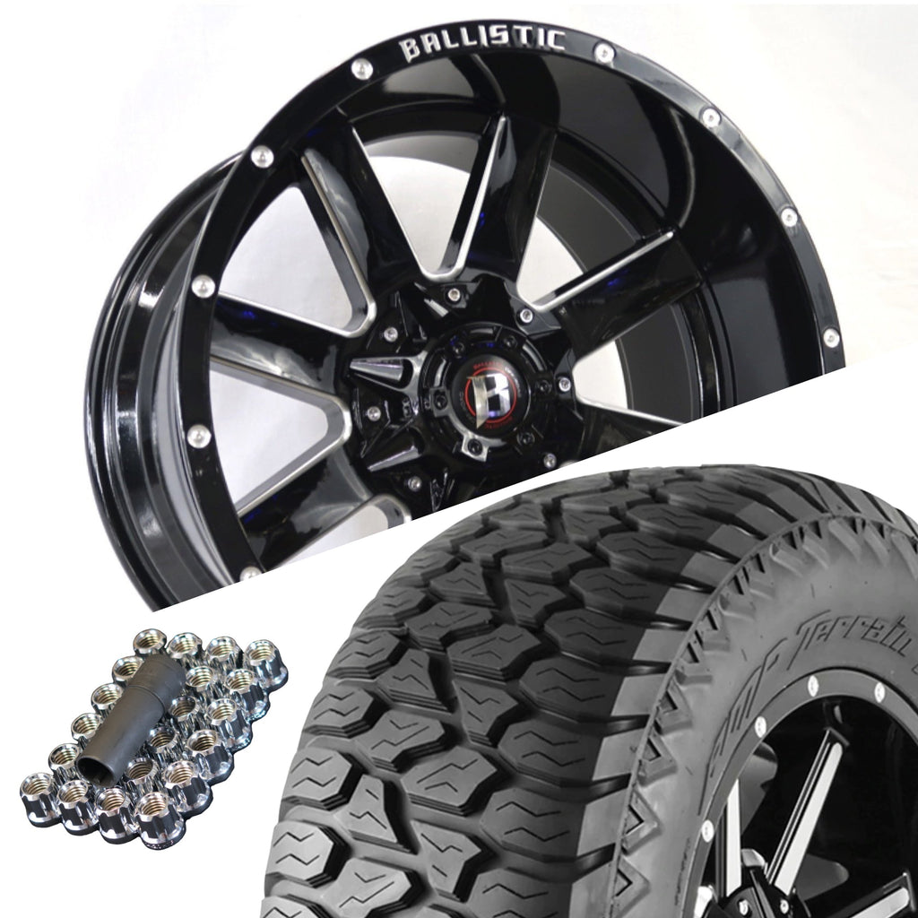 Ballistic 959 20x12 ET-44 6x135/6x139.7(6x5.5) Gloss Black Milled (Wheel and Tire Package)