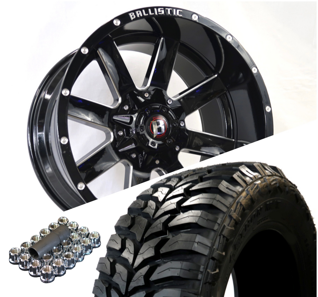 Ballistic 959 20x12 ET-44 5x150/5x139.7(5x5.5) Gloss Black Milled (Wheel and Tire Package)