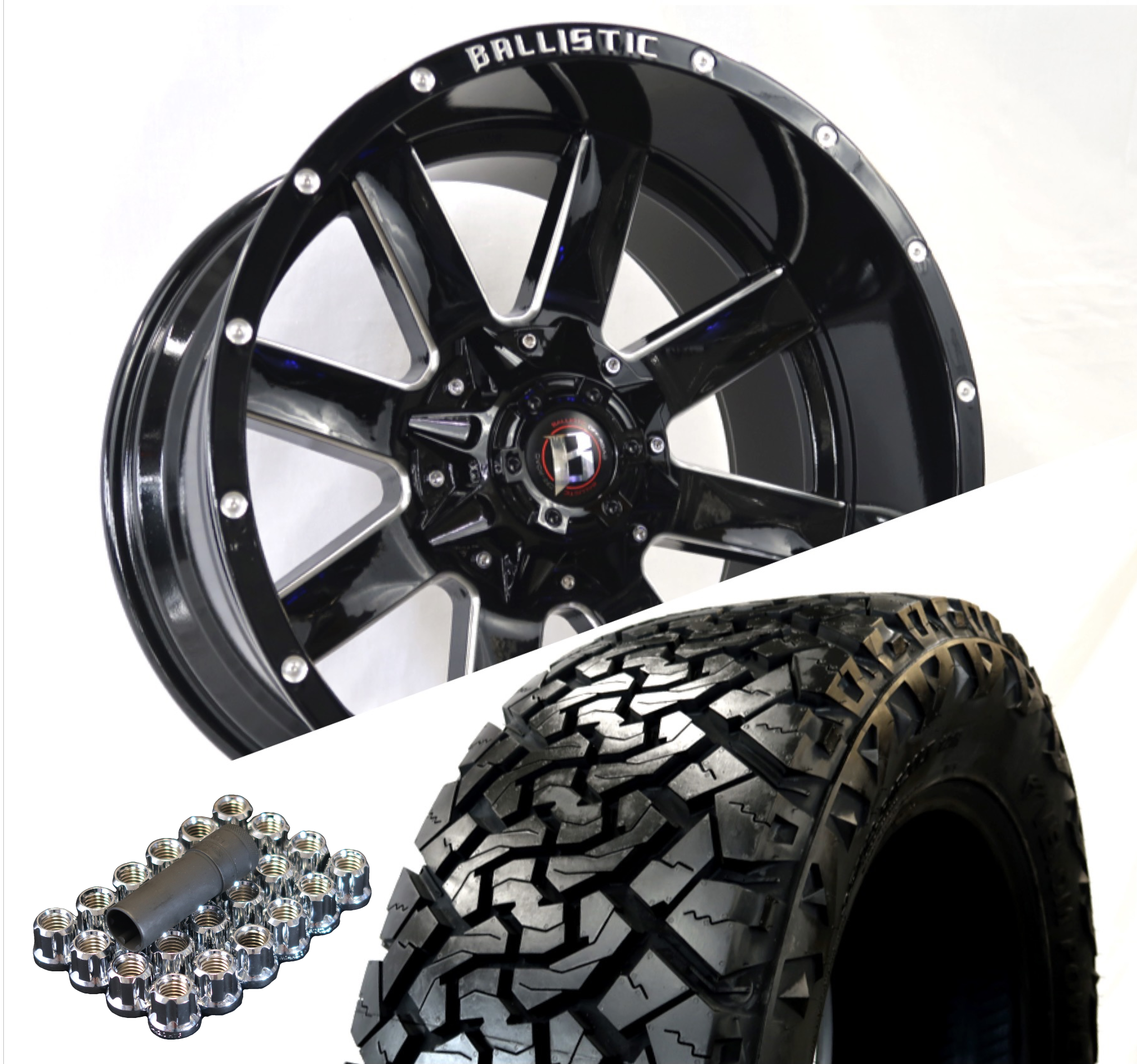 Ballistic 959 20x10 ET-19 5x127(5x5)/5x139.7(5x5.5) Gloss Black Milled (Wheel and Tire Package)
