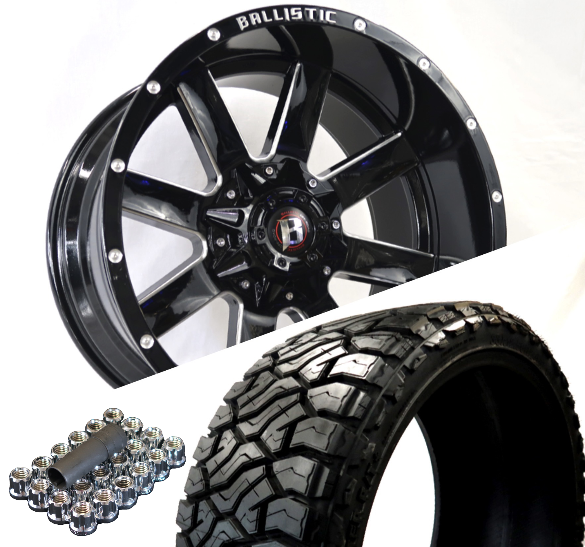 Ballistic 959 20x10 ET-19 6x135/6x139.7(6x5.5) Gloss Black Milled (Wheel and Tire Package)