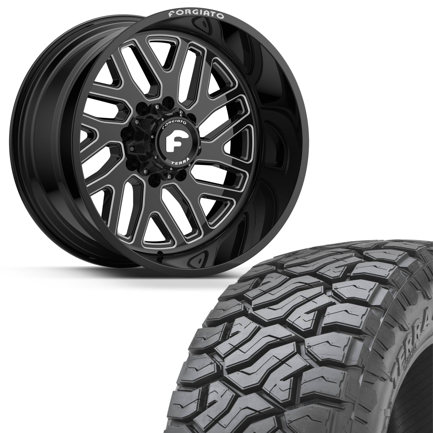 SET OF 4 FORGIATO FLOW TERRA 004 24x12 6x139.7(6x5.5) -44 OFFROAD BLACK/MILLED (Wheel and Tire Package)