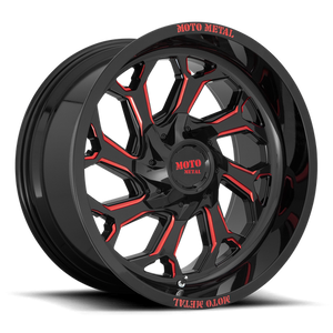 Moto Metal MO999 20X10 -18 5X127/5X139.7/5X5.0/5.5 Gloss Black Milled With Red Tint