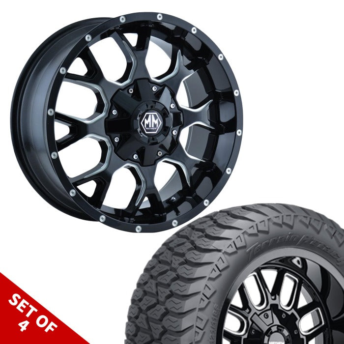 SET OF 4 | MAYHEM 8015 WARRIOR 20x10 6x139.7 BLACK MILLED | AMP M/T TIRE | PACKAGE FOR CHEVROLET SILVERADO 1500 LEVELED