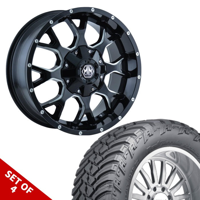 SET OF 4 | MAYHEM 8015 WARRIOR 20x10 6x139.7 BLACK MILLED | AMP M/T TIRE | PACKAGE FOR CHEVROLET SILVERADO 1500 LEVELED