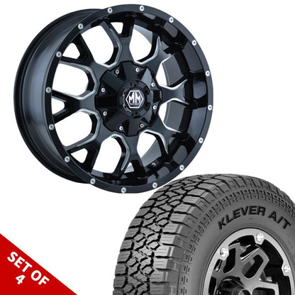 SET OF 4 | MAYHEM 8015 WARRIOR 20-INCH 5x139.7 BLACK MILLED | KENDA KLEVER TIRE | PACKAGE FOR RAM 1500 5-LUGS