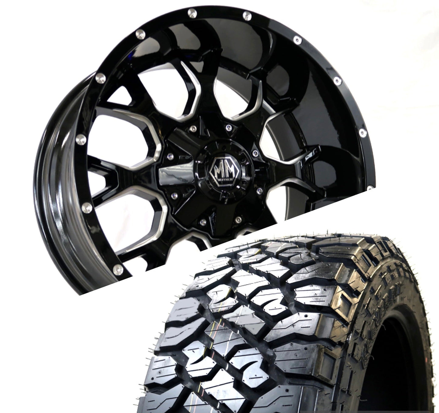 SET OF 4 | MAYHEM 8015 WARRIOR 20X10 -25 8X165.1/8X170 BLACK MILLED | KENDA 601 KLEVER R/T TIRE PACKAGE
