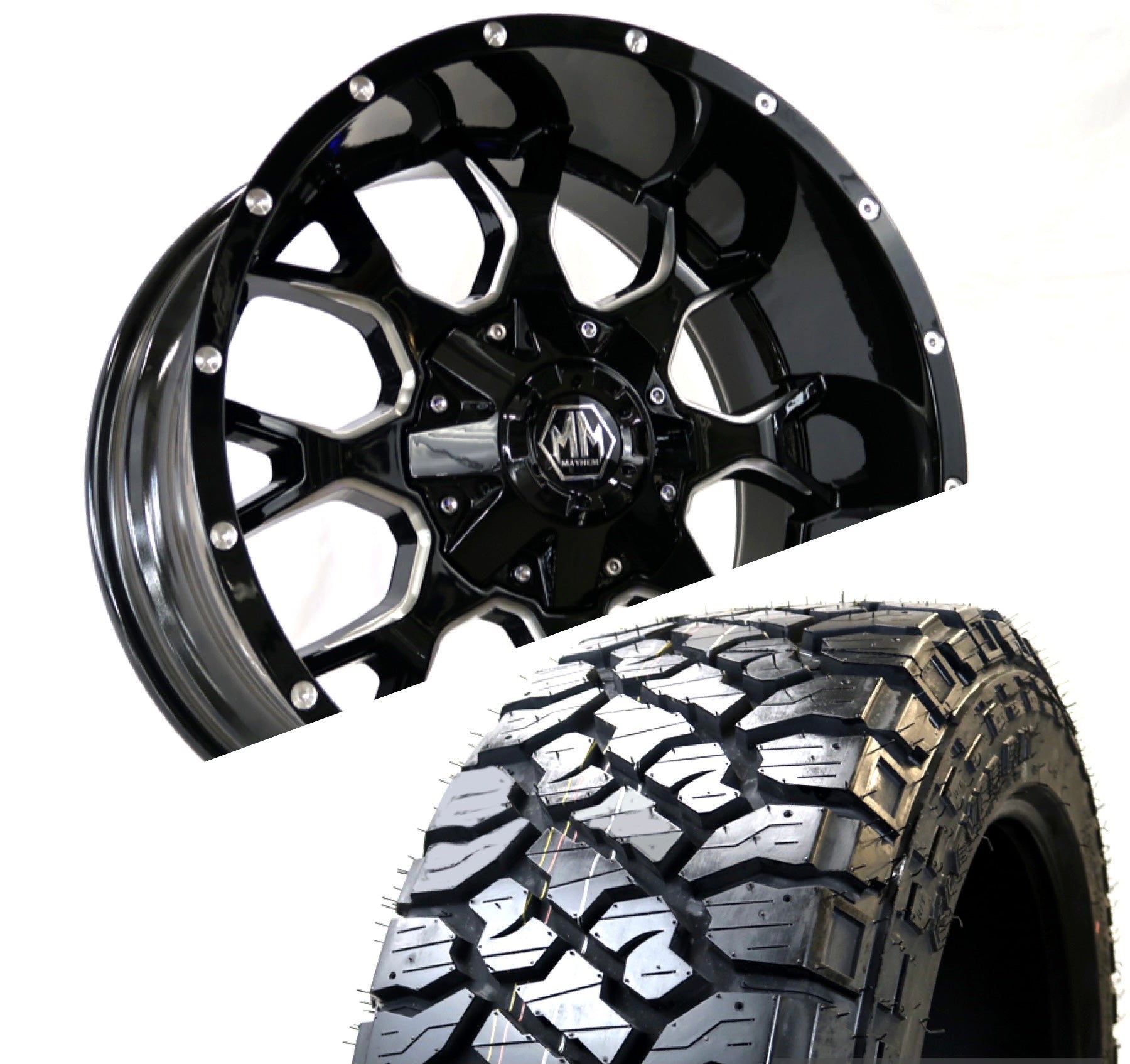 SET OF 4 | MAYHEM 8015 WARRIOR 20X10 -25 8X165.1/8X170 BLACK MILLED | KENDA 601 KLEVER R/T TIRE PACKAGE