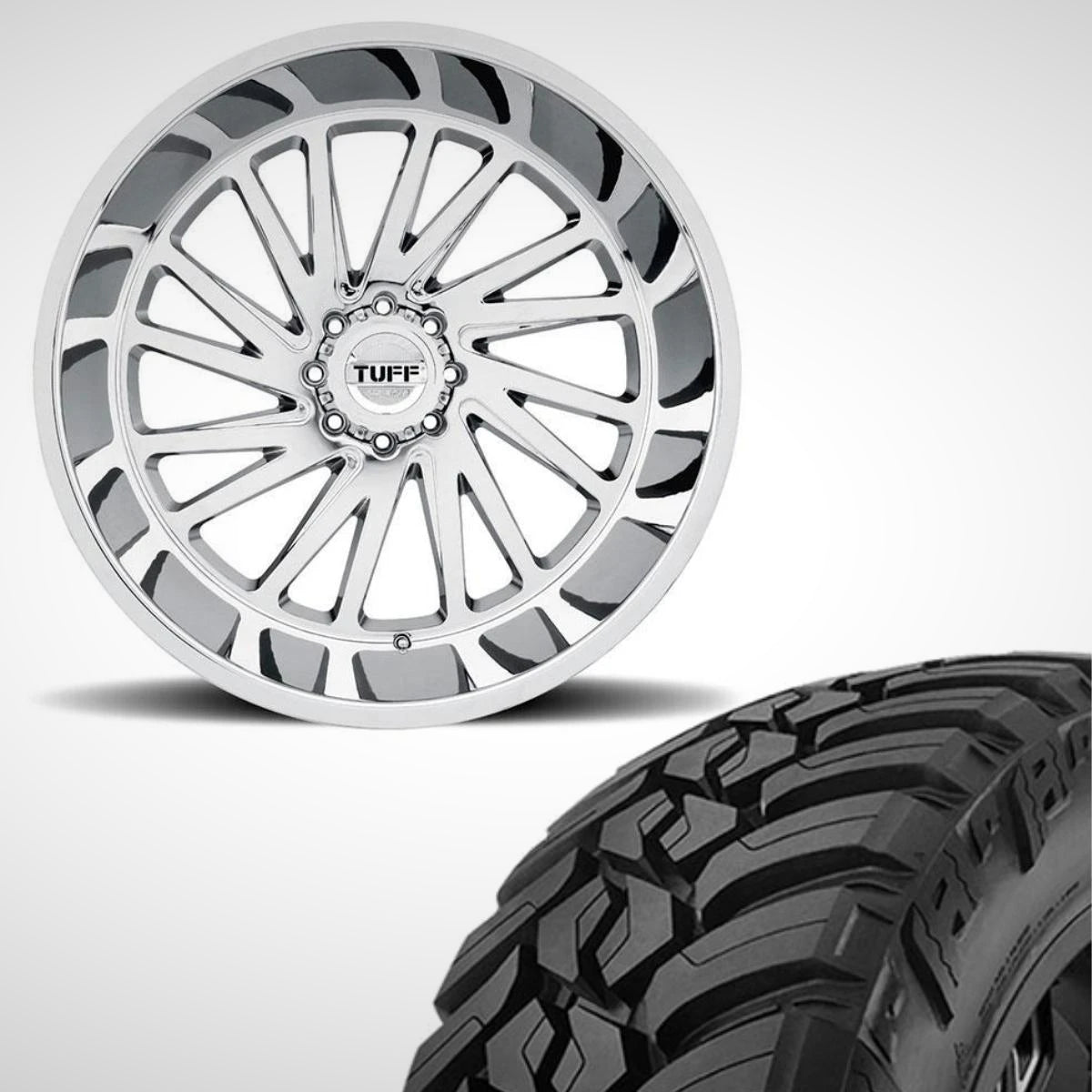 TUFF AT T2A 26x14 -72 8x165.1(8x6.5) Chrome With 35x13.50R26 AMP Terrain Attack M/T Bundle