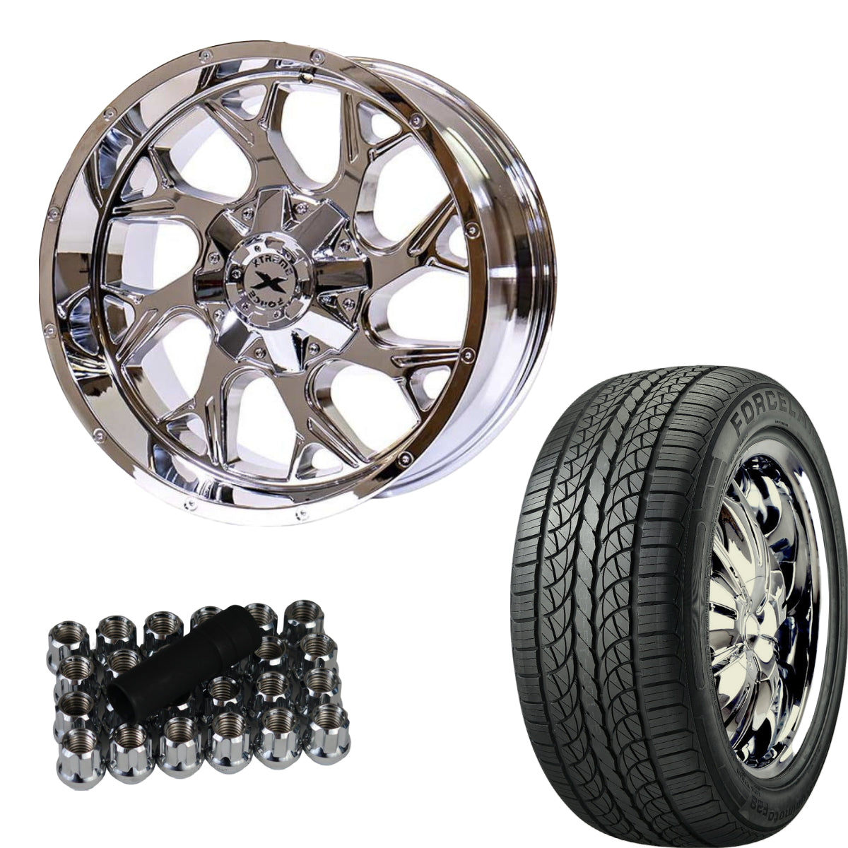 Xtreme Force Raptor 22x12 -51 6x139.7 Chrome and 305/40R22 FORCELAND KUNIMOTO F28 Tire (FOR LIFTED 3.5-4.5 INCH)