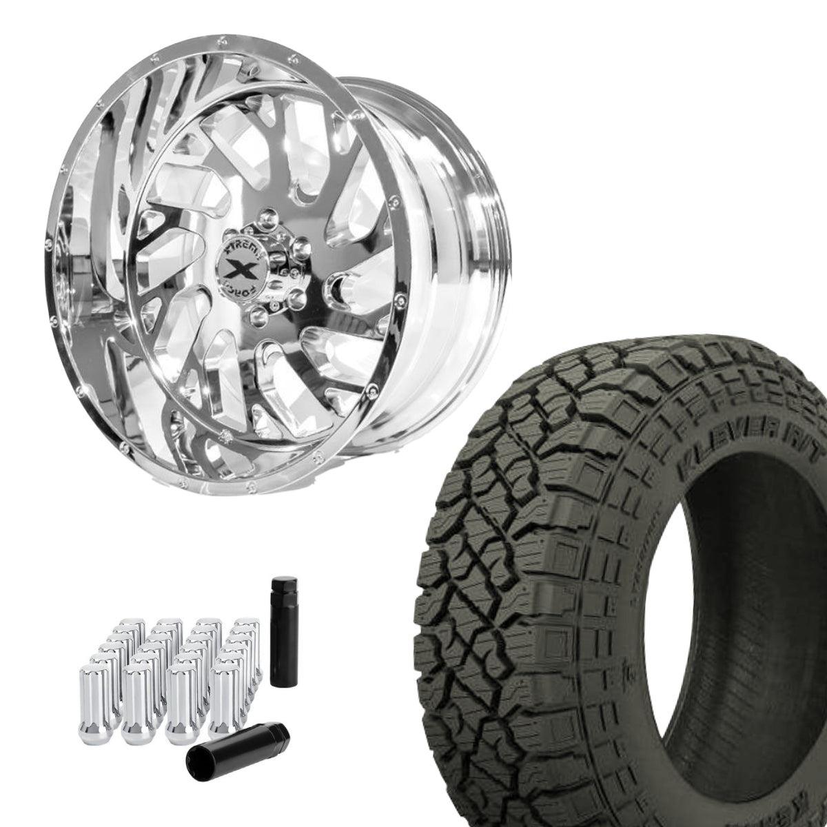 Set of 4 XF-8 22x12 -44 6x139.7 Chrome & 33x12.50R22 Kenda Klever RT KR601 CHEVY LEVELED