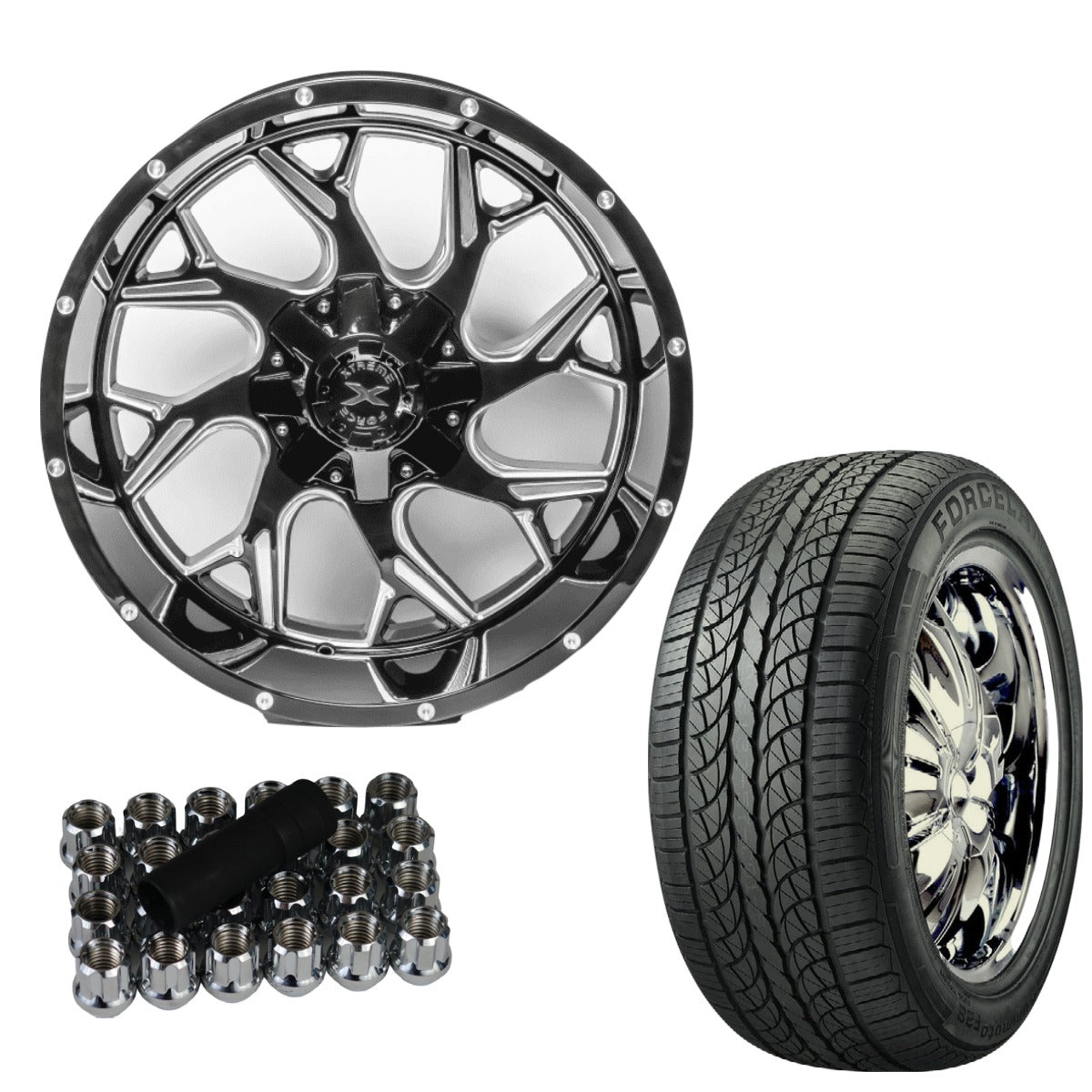 Set of 4 Xtreme Force Raptor 22x12 -51 6x139.7 Black Milled and 305/40R22 FORCELAND KUNIMOTO F28 Tire (FOR LIFTED 3.5-4.5 INCH)