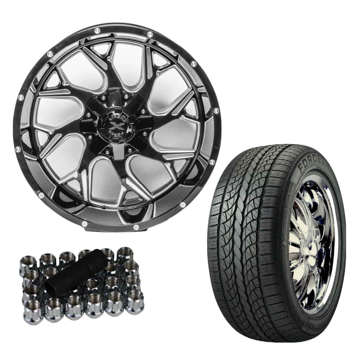 Xtreme Force Raptor 22x12 -51 6x139.7 Black Milled and 305/40R22 FORCELAND KUNIMOTO F28 Tire (FOR LIFTED 3.5-4.5 INCH)