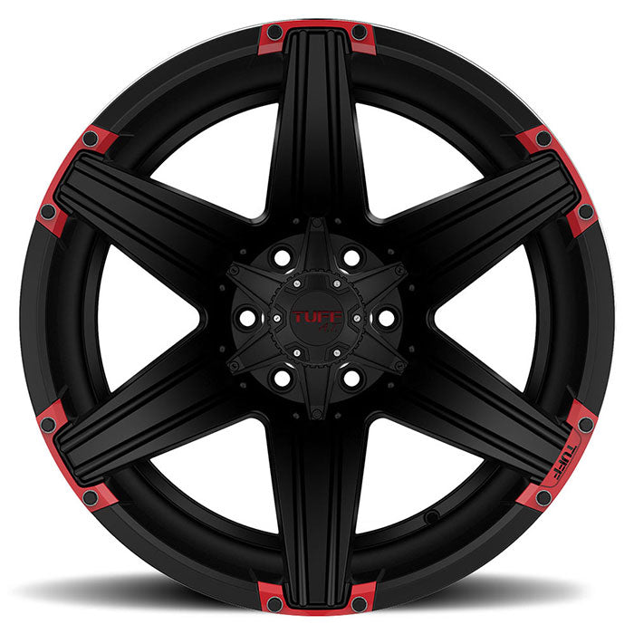 Tuff T12 22X10 -25 5X114.3/5X127/5X4.5/5.0 SATIN BLACK W/ RED INSERTS