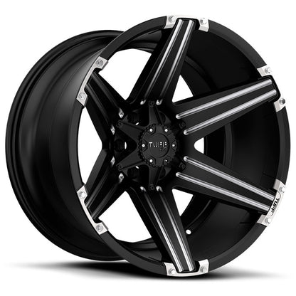 Tuff T12 22X12 -45 6X139.7/6X5.5 SATIN BLACK W/ MILLED SPOKES AND BRUSHED INSERTS