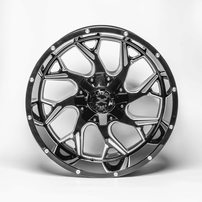 Set of 4 Xtreme Force Raptor 22x12 -51 6x139.7 Black Milled and 305/40R22 FORCELAND KUNIMOTO F28 Tire (FOR LIFTED 3.5-4.5 INCH)