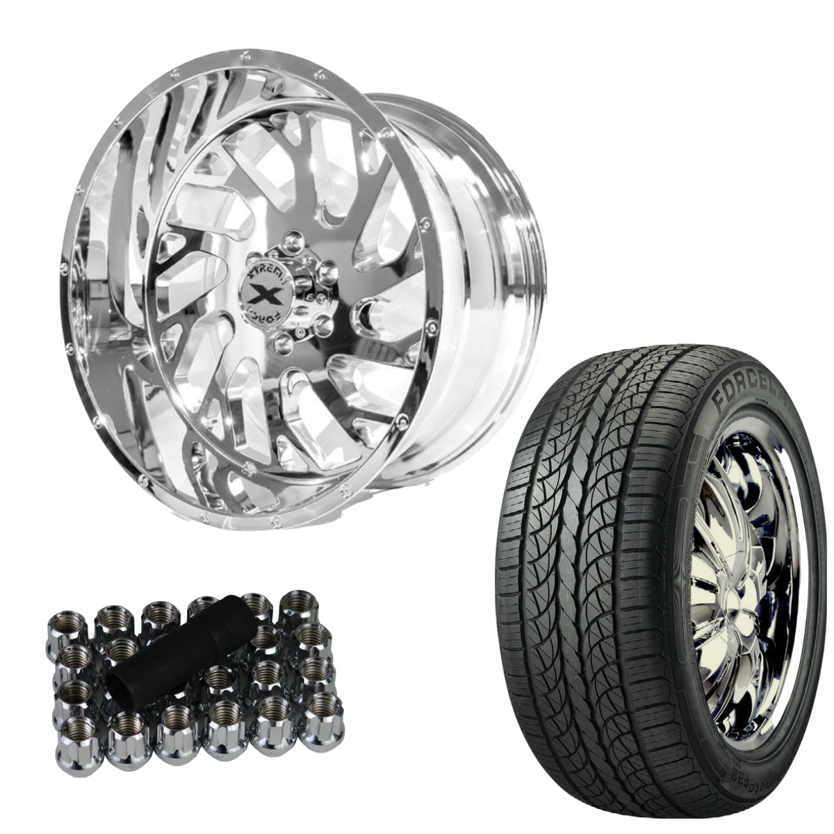 Xtreme Force XF8 22x12 -51 6x139.7 Chrome and 305/40R22 FORCELAND KUNIMOTO F28 Tire (FOR LIFTED 3.5-4.5 INCH)