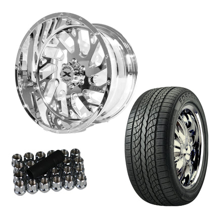 Xtreme Force XF8 22x12 -51 6x139.7 Chrome and 305/40R22 FORCELAND KUNIMOTO F28 Tire (FOR LIFTED 3.5-4.5 INCH)