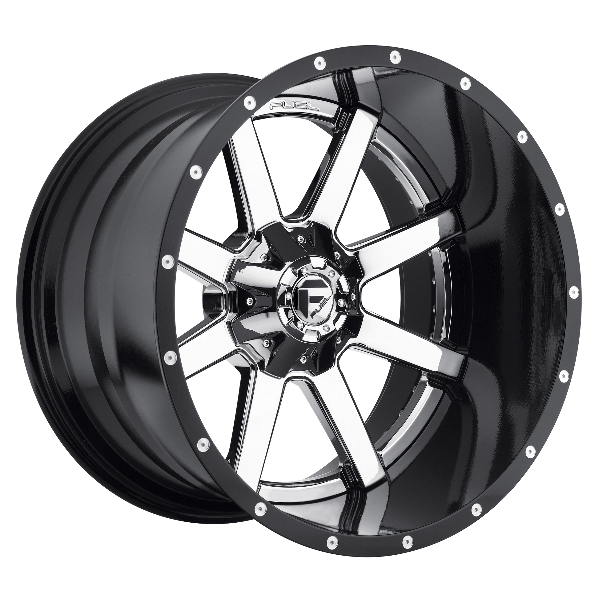 Fuel 2PC D260 MAVERICK 24x16 -100 8x165.1/8x6.5 CHROME PLATED GLOSS BLACK LIP