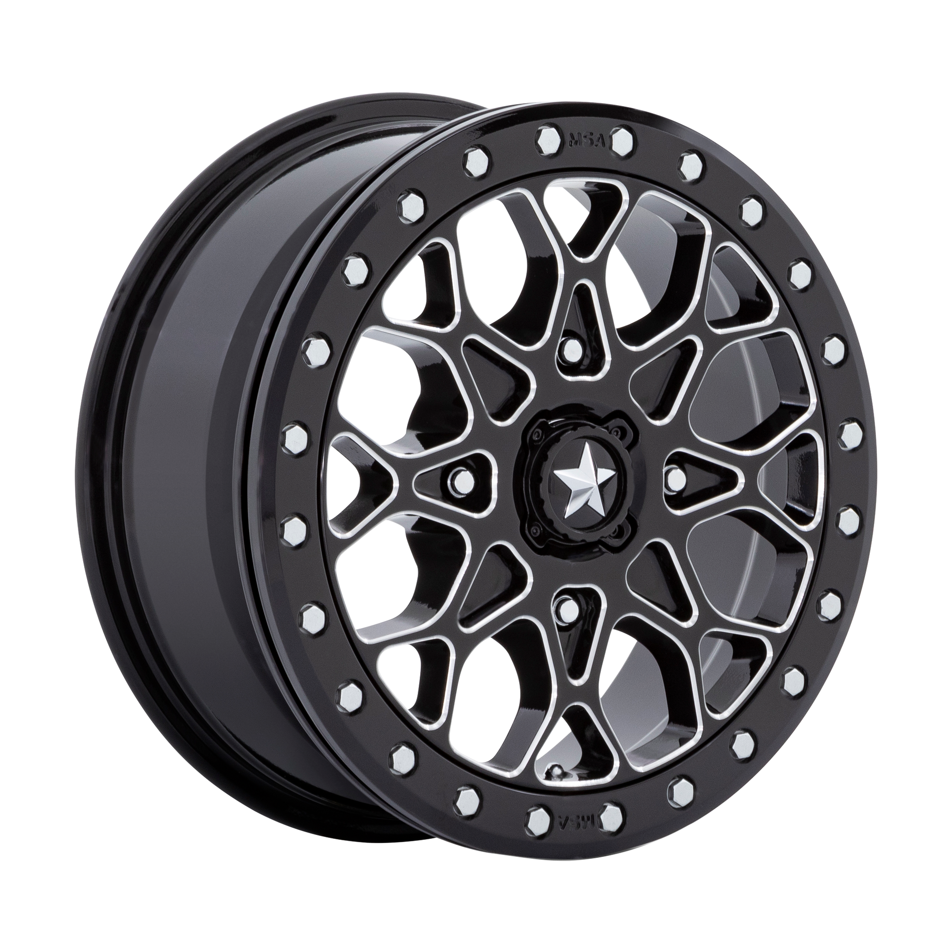 MSA OFFROAD WHEELS M48 PORTAL BEADLOCK 15X6 38 4X156 GLOSS BLACK MILLED WITH GLOSS BLACK RING