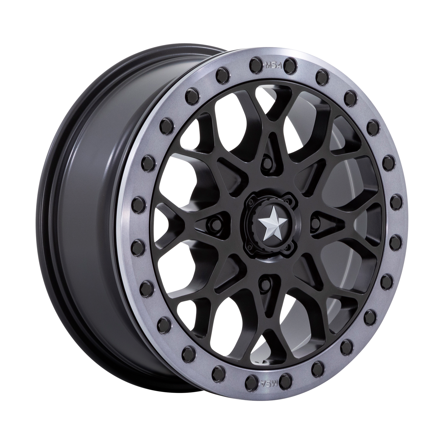 MSA OFFROAD WHEELS M48 PORTAL BEADLOCK 15X6 38 4X156 SATIN BLACK WITH GRAY TINT RING