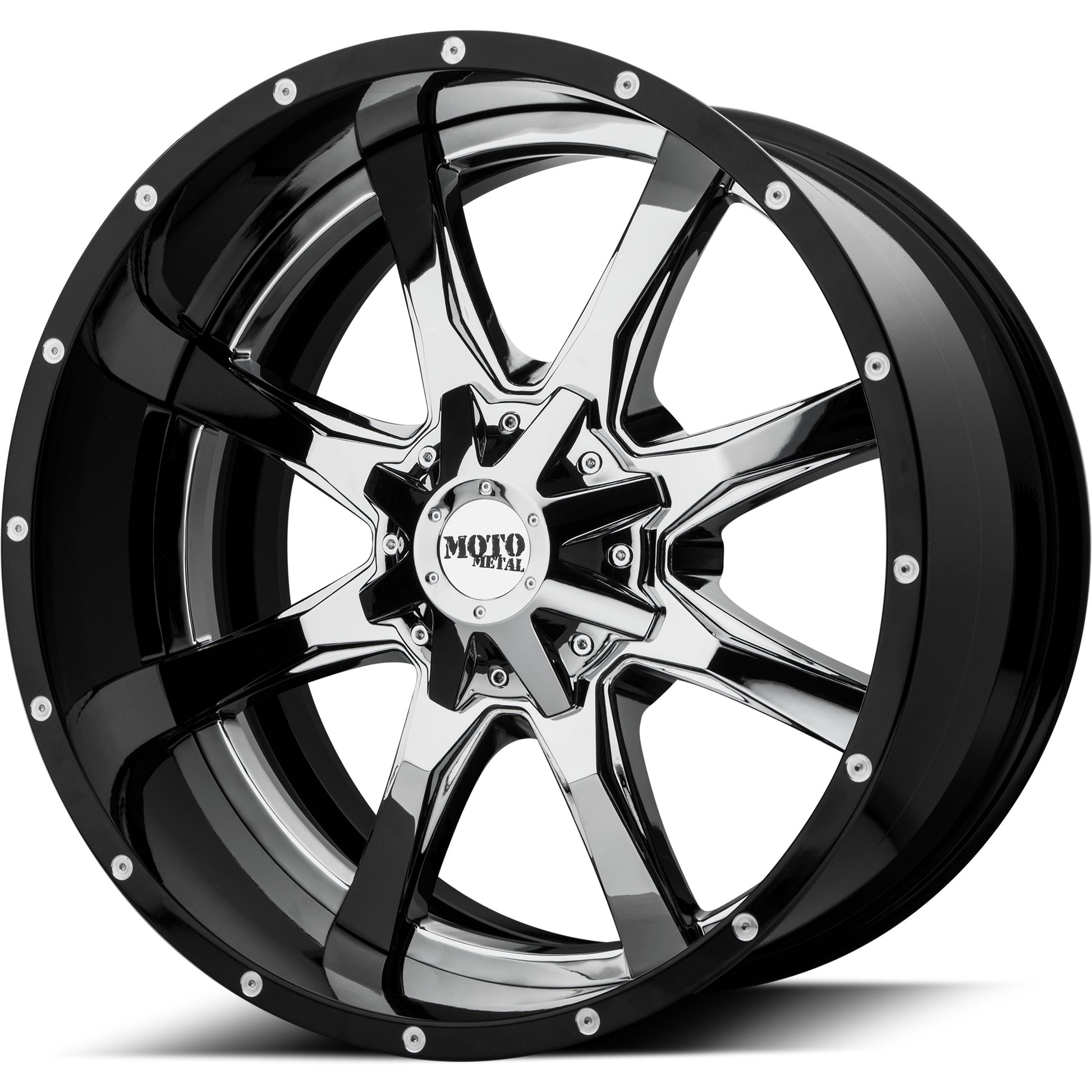 Moto Metal MO201 20X10 -18 5X127/5X139.7/5X5.0/5.5 Chrome Center Gloss Black Milled Lip
