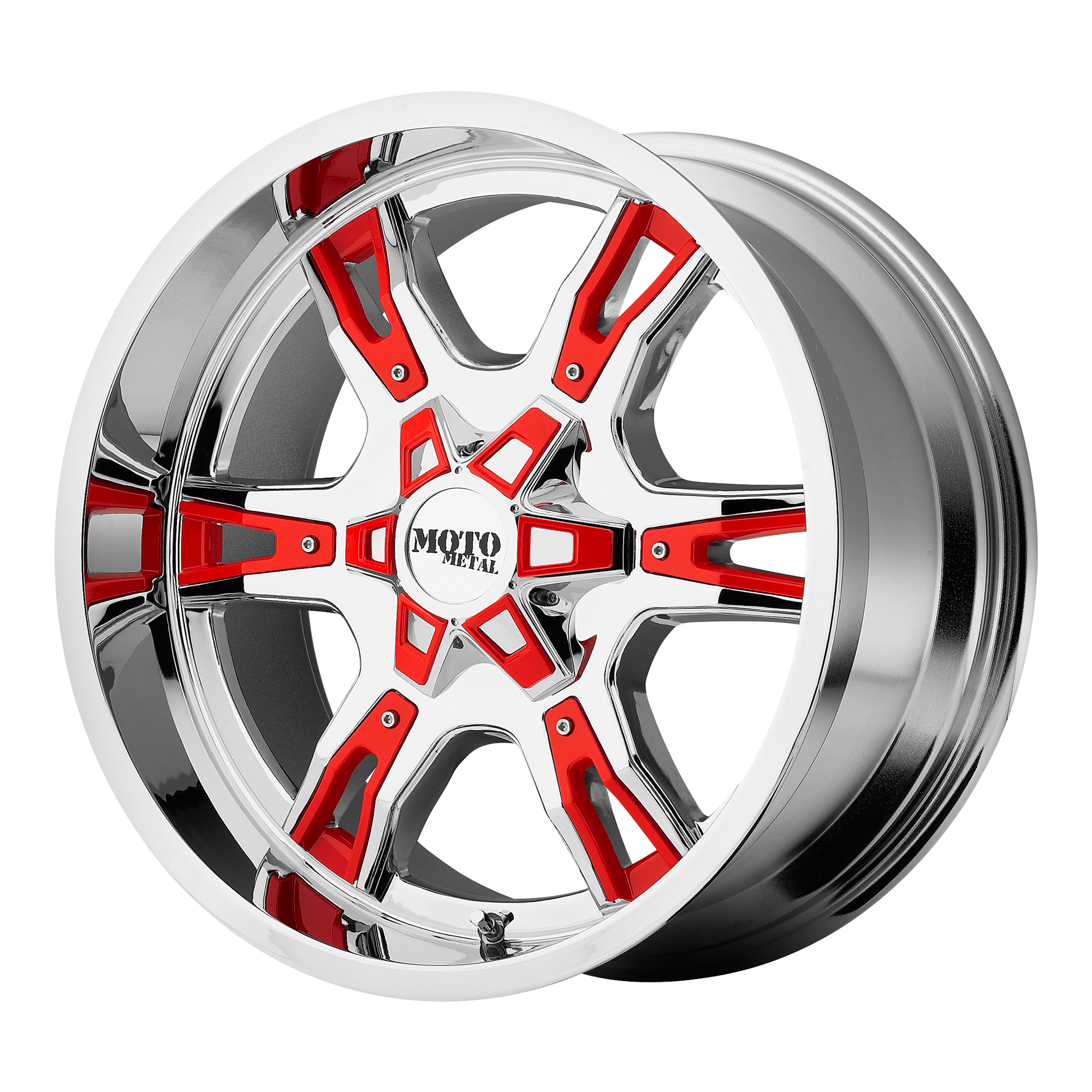 Moto Metal MO969 20X12 -44 8X180/8X7.1 Chrome With Red And Black Accents