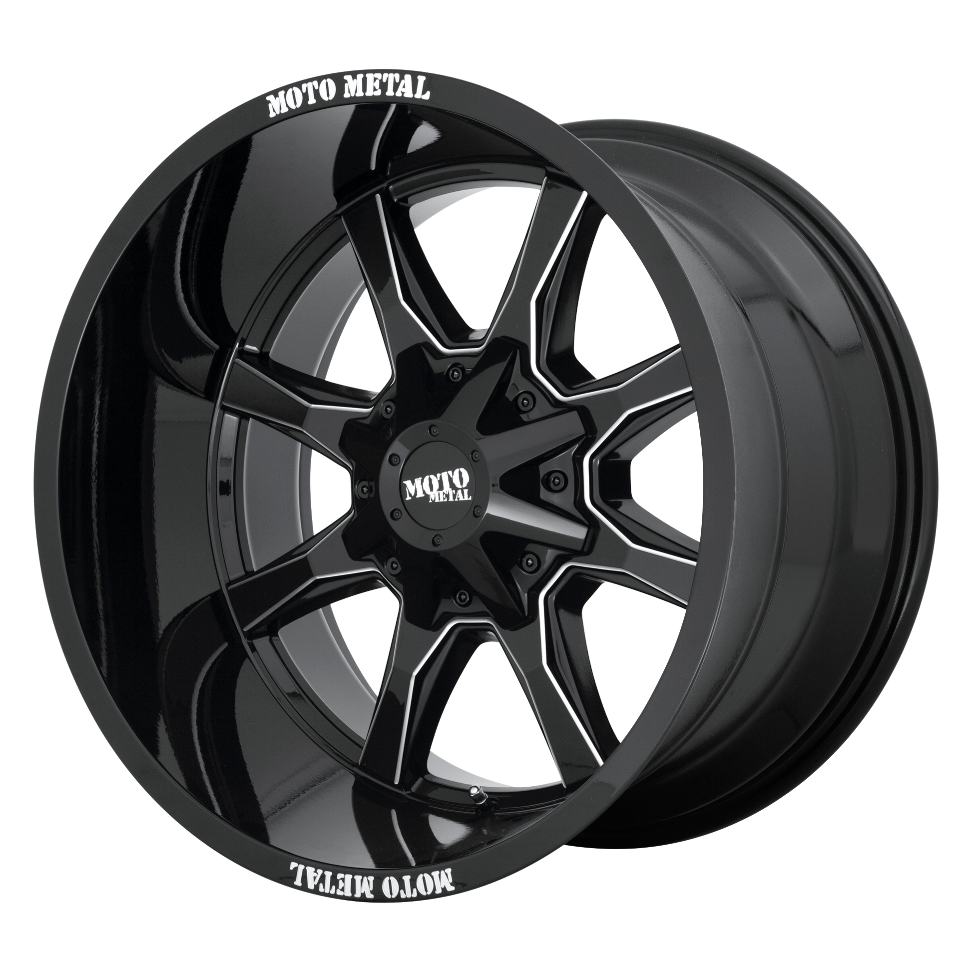Moto Metal MO970 20X9 18 8X180/8X7.1 GLOSS BLACK WITH MILLED SPOKE & MOTO METAL ON LIP