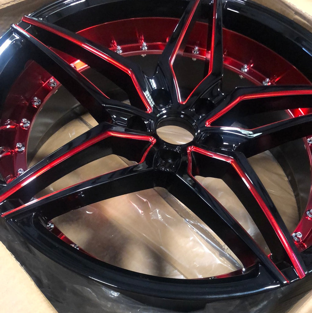 Marquee M3259 Staggered - Front 20x9 33 Rear 20x10.5 38 5x114.3 - Gloss Black Red Milled/Red Inner