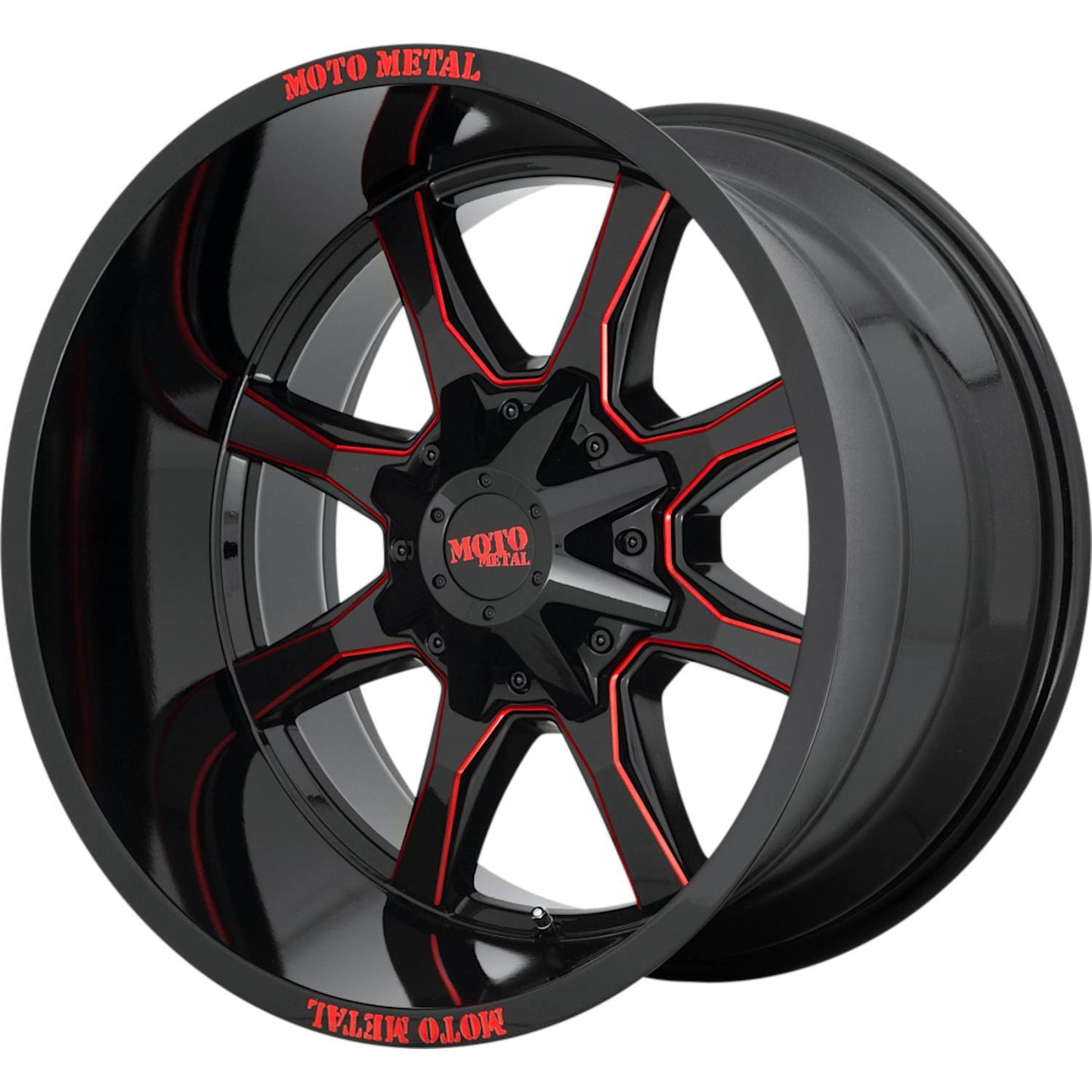 Moto Metal MO970 20X9 0 8X180/8X7.1 Gloss Black Milled With Red Tint & Moto Metal On Lip