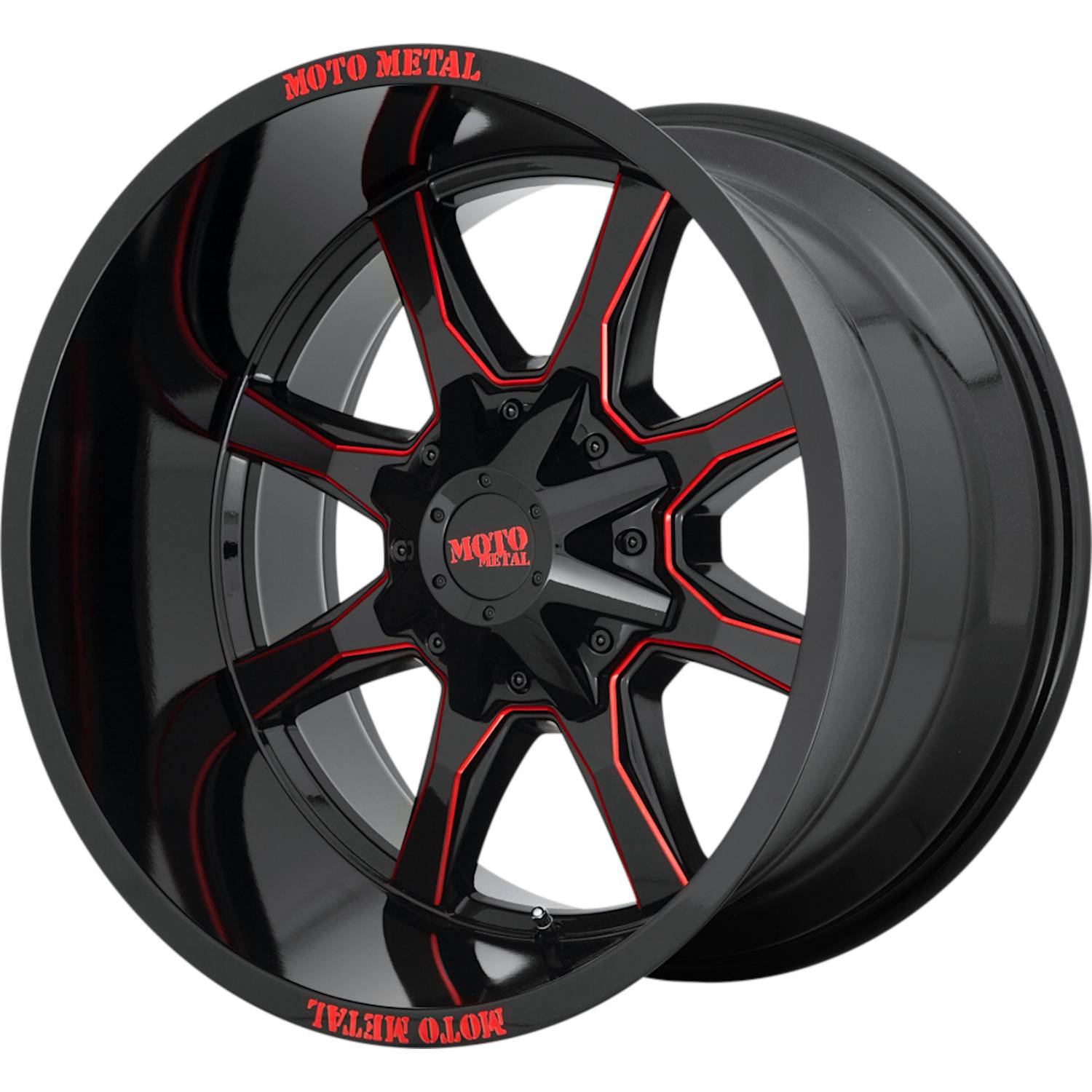 Moto Metal MO970 20X10 -18 BLANK/BLANK Gloss Black Milled With Red Tint & Moto Metal On Lip