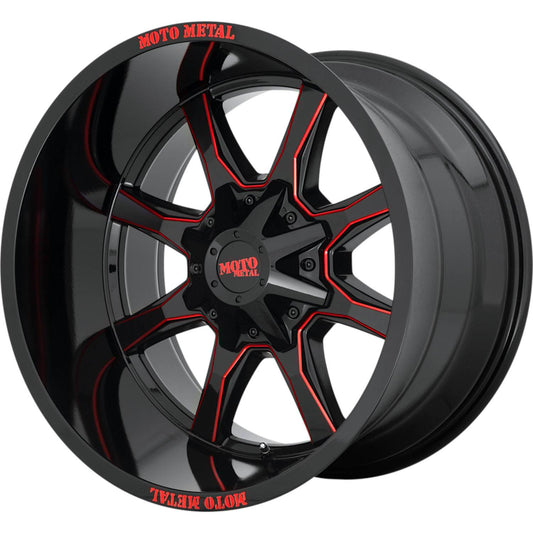 Moto Metal MO970 20X10 -18 BLANK/BLANK Gloss Black Milled With Red Tint & Moto Metal On Lip