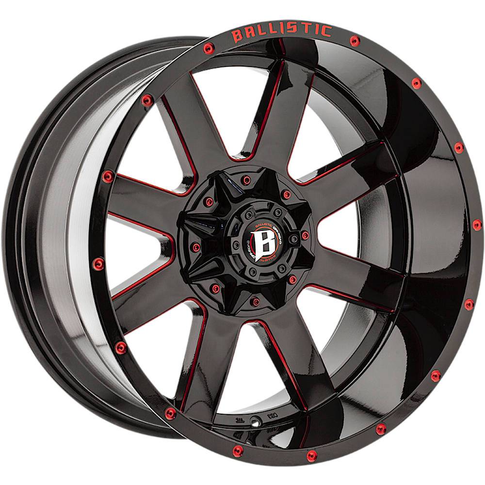 BALLISTIC 959-RAGE 20X10 5X139.7/150 -19 GLOSS BLACK W/RED MILLED WINDOWS