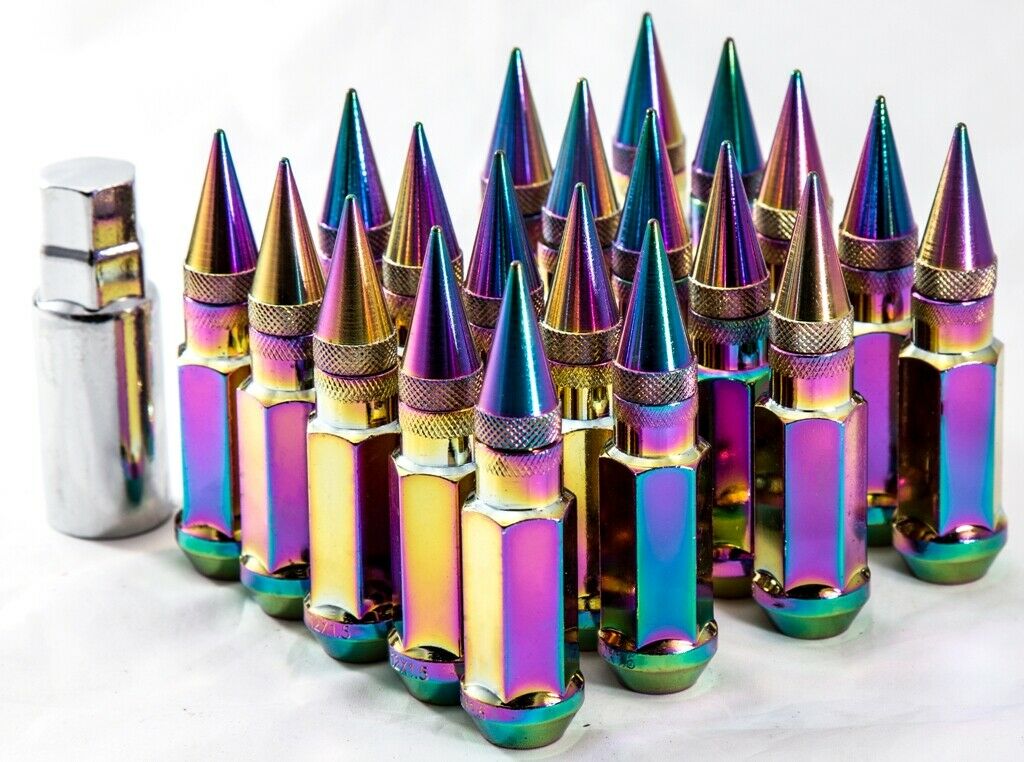 20 Pcs 14mmX1.5 14x1.5 Neo Chrome Spiked Lug Nuts Overall 92mm w/Key