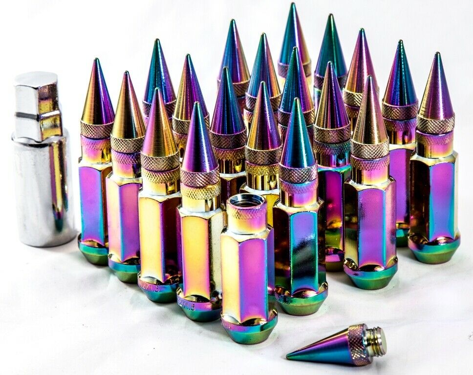 20 Pcs 14mmX1.5 14x1.5 Neo Chrome Spiked Lug Nuts Overall 92mm w/Key