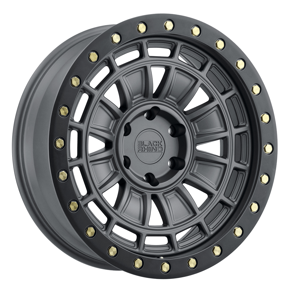 BLACK RHINO DALTON 18X9.5 12 6X139.7 MATTE GUNMETAL W/ BLACK LIP EDGE & BRASS BOLTS
